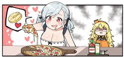  2girls ahoge blonde_hair blush breasts cleavage commentary disgust drooling english_commentary food fruit girls&#039;_frontline grey_hair hair_ribbon hawaiian_pizza headband heart holding holding_food holding_pizza hungry junsuina_fujunbutsu large_breasts long_hair multiple_girls open_mouth pineapple pizza red_eyes ribbon s.a.t.8_(girls&#039;_frontline) spas-12_(girls&#039;_frontline) tabasco 