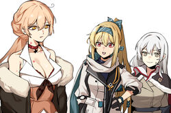  3girls banssee bare_shoulders black_gloves blonde_hair blue_shirt bra braid braided_ponytail breasts brown_jacket choker cleavage collarbone commentary_request girls&#039;_frontline gloves green_ribbons grey_eyes grey_hair hair_ornament hair_ribbon hairband hairclip hand_on_own_hip highres jacket korean_commentary long_hair looking_away medium_breasts multiple_girls open_mouth ots-14_(girls&#039;_frontline) ponytail red_bra red_choker red_eyes ribbon scarf shirt star_(symbol) star_choker sv-98_(girls&#039;_frontline) sv-98_(mod3)_(girls&#039;_frontline) svd_(girls&#039;_frontline) sweatdrop turtleneck underwear white_background white_hair white_jacket white_scarf white_shirt yellow_eyes 