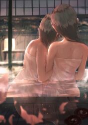  2girls absurdres benevole brown_hair commentary_request hair_over_shoulder highres indoors locked_arms multiple_girls naked_towel onsen original reflection reflective_water same-sex_bathing shared_bathing towel water wet wet_hair wet_towel yuri 