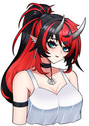  absurdres alternate_costume alternate_hairstyle armband black_choker black_hair blue_eyes blush breasts choker cleavage commentary cropped_torso demon_girl demon_horns earrings female hair_ornament hairclip high_ponytail highres horns jewelry large_breasts long_hair looking_at_viewer multicolored_hair multiple_earrings nanashi_inc. necklace parted_lips pendramon pointy_ears red_hair ryugasaki_rene simple_background smile solo tank_top two-tone_hair upper_body virtual_youtuber white_background white_tank_top 