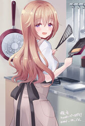  apron back_bow bad_id bad_twitter_id black_bow blonde_hair blush bow breasts commentary cooking counter cowboy_shot cream_(nipakupa) female frying_pan holding holding_frying_pan holding_spatula indoors kitchen konoe_kanata ladle long_hair looking_at_viewer looking_back love_live! love_live!_nijigasaki_high_school_idol_club medium_breasts open_mouth purple_eyes shirt short_sleeves smile solo spatula standing stove teeth tongue upper_body upper_teeth_only utensil_rack white_shirt 