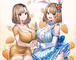  2girls :3 :d :o absurdres animal_ears black_eyes blue_bow blue_dress bow breast_press breasts brown_eyes brown_hair bunny_ayumi bunny_ayumi_(vtuber) carrot commentary commission detached_sleeves dress dual_persona english_commentary eyebrows food hairbow highres indie_virtual_youtuber large_breasts long_shirt medium_hair multiple_girls neonbeat open_mouth orange_shirt polar_opposites rabbit_ears real_life shirt smile striped_clothes striped_dress symmetrical_docking virtual_youtuber 