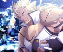  3pdta animal_humanoid beard blonde_hair city cityscape clothing facial_hair fingerless_gloves gloves hair handwear hi_res huckle humanoid lifewonders live_a_hero male muscular muscular_arms pecs solo superhero tan_body tan_skin 