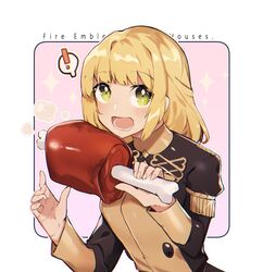  ! blonde_hair boned_meat commentary copyright_name english_commentary female fire_emblem fire_emblem:_three_houses food garreg_mach_monastery_uniform green_eyes holding holding_food ingrid_brandl_galatea long_hair long_sleeves meat open_mouth rirene_rn solo spoken_exclamation_mark uniform upper_body 