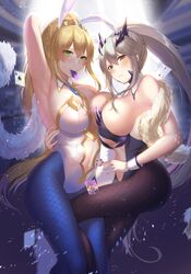  2girls absurdres animal_ears arm_behind_head armpits artoria_pendragon_(fate) artoria_pendragon_(lancer_alter)_(fate) artoria_pendragon_(swimsuit_ruler)_(fate) bare_shoulders blonde_hair blue_pantyhose blush braid breasts card card_in_mouth cleavage detached_collar fate/grand_order fate_(series) fishnets green_eyes hair_between_eyes has_bad_revision has_downscaled_revision highres holding l.kili large_breasts leotard long_hair looking_at_viewer md5_mismatch mouth_hold multiple_girls navel necktie pantyhose playboy_bunny playing_card poker_chip ponytail rabbit_ears resolution_mismatch shiny_pantyhose sidelocks source_smaller white_leotard wrist_cuffs yellow_eyes yuri 