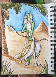  arrow_(weapon) biped bow_(weapon) breasts brushfire clothing desert dress equid equine female hi_res hooves horn mammal mythological_creature mythological_equine mythology painting painting_(artwork) pyramid ranged_weapon solo traditional_media_(artwork) unguligrade unicorn watercolor_(artwork) weapon 