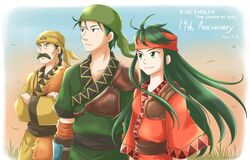  2boys aogaeru_(pixiv46613656) bandana dayan_(fire_emblem) earrings facial_hair female fire_emblem fire_emblem:_the_binding_blade grass green_eyes green_hair headband highres jewelry long_sleeves moustache multiple_boys outdoors robe sin_(fire_emblem) sue_(fire_emblem) upper_body wind 