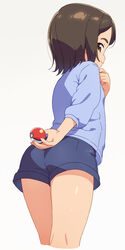  ass blue_shirt blue_shorts brown_eyes brown_hair closed_mouth commentary cropped_legs female flat_chest from_behind gradient_background grey_background gym_trainer_(pokemon) half-closed_eyes hand_up happy highres holding holding_poke_ball kneepits long_sleeves looking_at_viewer om_(nk2007) poke_ball poke_ball_(basic) pokemon pokemon_sv shirt short_hair short_shorts shorts sidelocks simple_background smile solo standing thighs 