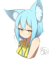  animal_ear_fluff animal_ears bad_id bad_pixiv_id bare_shoulders blue_hair closed_mouth commentary_request cropped_torso drawstring female hair_between_eyes highres hood hood_down hoodie idaten93 long_hair original simple_background sleeveless sleeveless_hoodie solo terufu-chan translated upper_body white_background yellow_eyes yellow_hoodie 