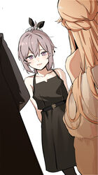  1boy 2girls ahoge arms_behind_back banssee belt black_dress black_legwear blush collarbone commander_(girls&#039;_frontline) commentary_request dress girls&#039;_frontline grey_hair hair_ribbon highres korean_commentary long_hair looking_at_viewer m200_(girls&#039;_frontline) m200_(war_correspondent)_(girls&#039;_frontline) multiple_girls official_alternate_costume open_mouth ots-14_(girls&#039;_frontline) purple_eyes ribbon thighhighs white_background 