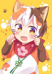  1boy :3 :d animal_ears bad_id bad_pixiv_id bandana blush brown_eyes brown_hair calico cat_boy cat_ears commentary_request fangs hands_up indie_virtual_youtuber looking_at_viewer male_focus multicolored_hair open_mouth orange_hair paw-shaped_pupils paw_pose paw_print paw_print-shaped_pupils paw_print_background print_bandana red_bandana shiromaru_(shiromaru_tm) smile solo sparkle symbol-shaped_pupils tatamaru_(vtuber) virtual_youtuber white_hair yellow_background 