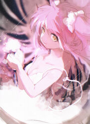  absurdres alternate_costume bare_arms blurry blurry_background breasts chromatic_aberration cleavage closed_mouth collarbone commentary_request dark_background dotori_(seulseul) dress female floating_hair hair_ribbon hands_up highres kaname_madoka light_particles light_smile long_hair looking_afar looking_to_the_side mahou_shoujo_madoka_magica mahou_shoujo_madoka_magica_(anime) medium_breasts pink_hair pink_theme ribbon sidelighting solo spaghetti_strap strap_slip tareme two_side_up ultimate_madoka very_long_hair white_dress white_ribbon yellow_eyes 