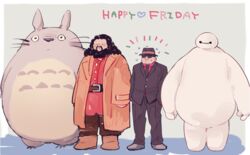  2boys asako_(itiba) baymax beard belt big_hero_6 black_hair black_headwear black_jacket black_necktie black_pants blush boots brown_coat brown_footwear coat commentary_request crossover facial_hair flying_sweatdrops formal full_body hands_in_pockets harry_potter_(series) hat jacket lineup long_sleeves looking_at_viewer medium_hair meitantei_conan multiple_boys multiple_crossover necktie nervous odd_one_out pants red_shirt robot rubeus_hagrid shirt shoes standing suit sunglasses tonari_no_totoro totoro vodka_(meitantei_conan) wizarding_world 