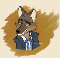  2021 anthro black_nose blue_clothing blue_necktie blue_topwear brown_body brown_fur bust_portrait canid canine canis cheek_tuft clothing digital_media_(artwork) digital_painting_(artwork) dreamworks facial_tuft fur grin half-closed_eyes head_tuft male male_anthro mammal mr._wolf_(the_bad_guys) narrowed_eyes necktie portrait shirt signature smile smug solo starsprout tan_body tan_fur the_bad_guys topwear tuft untied_necktie white_clothing white_shirt white_topwear wolf yellow_eyes 