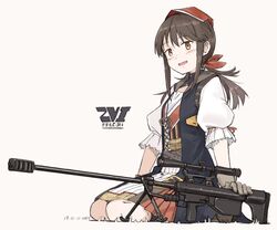  blush brown_eyes brown_hair character_name dated dress falcon_(girls&#039;_frontline) female girls&#039;_frontline gloves grey_gloves gun headband kawashina_(momen_silicon) long_hair muzzle_device open_mouth ponytail ribbon rifle shirt sidelocks simple_background sitting solo weapon white_shirt 