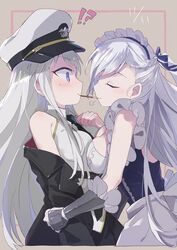  2girls apron azur_lane bare_shoulders belfast_(azur_lane) belt black_belt black_coat black_necktie blush braid breast_press breasts cleavage closed_eyes coat enterprise_(azur_lane) food french_braid frilled_apron frilled_gloves frills from_side gloves hat imminent_kiss large_breasts long_hair maid maid_apron maid_headdress makino_(727me727) military_hat multiple_girls necktie open_clothes open_coat peaked_cap pocky pocky_day profile purple_eyes shirt sleeveless sleeveless_shirt sweatdrop underbust white_apron white_gloves white_hair white_headwear yuri 