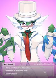  arm_blades ashraely blue_body blush bodily_fluids brown_eyes button_(fastener) chest_spike clothing dating_sim dialogue digital_media_(artwork) english_text eyebrows female fighting_over_boy gallade gameplay_mechanics gardevoir generation_3_pokemon generation_4_pokemon grabbing grabbing_arm gradient_background green_body group hat headgear headwear hi_res looking_at_viewer male menu necktie nervous_smile nintendo options pockets pokemon pokemon_(species) shaded shiny_pokemon simple_background sir_gallade smile spikes spikes_(anatomy) suit sweat sweatdrop talking_to_viewer text text_box top_hat white_clothing 