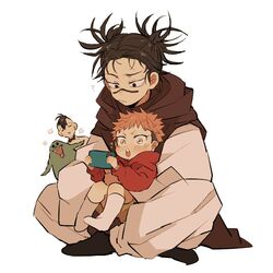  3boys =_= aged_down bad_id bad_twitter_id black_eyes black_hair black_scarf blush brown_hair choso_(jujutsu_kaisen) closed_eyes closed_mouth eso_(jujutsu_kaisen) facial_tattoo full_body holding holding_phone hood hood_down hoodie indian_style itadori_yuuji iwashi_(iwashi008) japanese_clothes jujutsu_kaisen kechizu_(jujutsu_kaisen) kimono lolicon long_sleeves male_focus monster multiple_boys open_mouth phone red_hoodie scarf short_hair short_twintails simple_background sitting socks sparkle spiked_hair tattoo twintails undercut white_background white_kimono yellow_eyes 