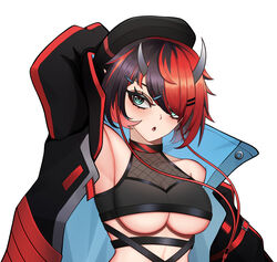  adapted_costume arm_up armpits beret black_hair black_hat black_jacket black_sports_bra blue_eyes blue_jacket blush breasts chestnut_mouth commentary demon_girl demon_horns female fishnet_top fishnets hair_between_eyes hair_over_one_eye hat highres horns jacket large_breasts long_bangs long_hair long_sleeves looking_to_the_side multicolored_clothes multicolored_hair multicolored_jacket nanashi_inc. open_mouth pendramon pointy_ears red_hair red_jacket ryugasaki_rene short_hair simple_background solo sports_bra striped_clothes striped_jacket two-tone_hair underboob upper_body virtual_youtuber white_background 