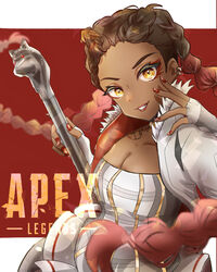  absurdres animification apex_legends bad_id bad_pixiv_id braid breasts brown_eyes cleavage collarbone copyright_name corset dark-skinned_female dark_skin female fingerless_gloves floating_hair forehead gloves grey_skirt highres holding holding_staff loba_(apex_legends) logo medium_breasts nepitasu red_hair skirt smile solo staff twin_braids white_gloves 