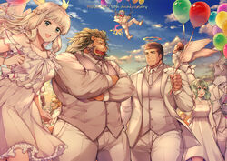  2girls 6+boys alternate_costume angel angel_wings animal_ears anniversary arsalan_(housamo) ass azazel_(housamo) balloon bara bear_boy bear_ears beard black_hair blonde_hair blush breasts brown_fur closed_eyes commentary_request dress earrings english_text facial_hair feathered_wings flying formal furry furry_male gabriel_(housamo) goat_boy green_eyes green_hair grey_fur halo hati_(housamo) holding holding_balloon horns iimori_choji jacob_(housamo) jewelry kimun_kamui_(housamo) large_pectorals lion_boy lion_ears lion_tail long_hair long_sideburns looking_at_viewer mature_male monster_boy multiple_boys multiple_girls muscular muscular_male nether_angel_(housamo) nyarlathotep_(housamo) pectorals short_hair sideburns smile stubble suit tail thick_thighs thighs tokyo_afterschool_summoners two-tone_fur upper_body wafu_(youzora_samo18) white_dress white_suit wings yellow_eyes zabaniyya_(housamo) 