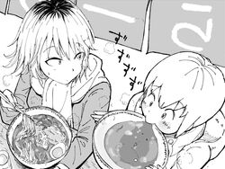  2girls blush bowl commentary eating food freckles greyscale highres jacket kajino_(aosansai) monochrome multiple_girls noodles ramen short_hair soup sweat tanaka_mako watashi_ga_motenai_no_wa_dou_kangaetemo_omaera_ga_warui! yoshida_masaki 