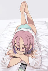  ass barefoot cellphone commentary_request crossed_arms feet female glasses highres koeru_otoge-san lying neyuki_rei no_pants on_stomach otouge_azuki panties phone pink_eyes pink_hair short_hair smartphone soles solo the_pose toes underwear 