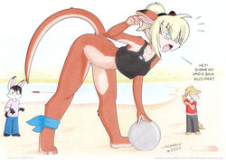  3_toes angry anthro ass barefoot beach bent_over blush bottomless claws clothed clothing domestic_cat erja_(character) feet felid feline felis female finland frisbee group humor kangaroo lagomorph leporid macropod male mammal marsupial no_underwear plantigrade rabbit seaside shirt sport summer tank_top tirashanks_(artist) toes toony topwear trio volleyball wunderhase 