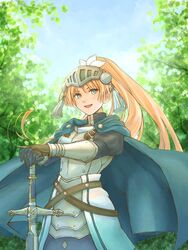  armor armored_dress blonde_hair blue_cape blue_eyes blurry bokeh breastplate cape commentary day depth_of_field female forte_(rune_factory) gauntlets gloves hand_on_hilt highres knight long_hair outdoors planted ponytail rune_factory rune_factory_4 smile solo sword tanusaku tree visor_(armor) weapon 