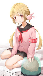  absurdres armband bad_id bad_pixiv_id between_legs black_skirt blonde_hair blush brain closed_mouth female hair_ornament hand_between_legs highres hozuka long_hair looking_at_viewer low_twintails natori_sana pink_sweater pleated_skirt rabbit_hair_ornament red_eyes sailor_collar sana_channel school_uniform seiza serafuku sitting skirt socks solo sweater twintails virtual_youtuber white_socks 