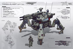  1other ambiguous_gender blueprint_(medium) body_armor combat_helmet commentary concept_art english_commentary facing_ahead gradient_background grey_background gun helmet holding holding_gun holding_weapon karanak machine_gun mecha mecha_focus non-humanoid_robot original perspective photoshop_(medium) robot science_fiction shadow solo turret walker_(robot) weapon weapon_name white_background 