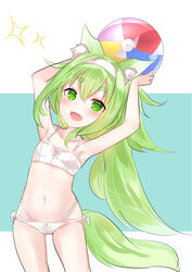  :d absurdres animal_ear_fluff animal_ears armpits arms_up ass_visible_through_thighs azur_lane ball bare_arms bare_shoulders beachball bikini blue_background blush breasts collarbone commentary_request female green_eyes green_hair green_tail hair_between_eyes hairband highres holding holding_ball isokaze_(azur_lane) long_hair natsu_(sinker8c) navel open_mouth small_breasts smile solo sparkle standing swimsuit tail thick_eyebrows two-tone_background very_long_hair white_background white_bikini white_hairband 