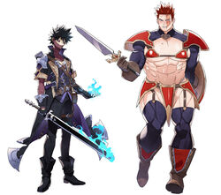  2boys abs alternate_costume aqua_eyes armor bara bikini_armor black_footwear black_hair black_pants black_thighhighs blue_fire boku_no_hero_academia boots breastplate brown_gloves burn_scar commentary crossdressing dabi_(boku_no_hero_academia) embarrassed endeavor_(boku_no_hero_academia) father_and_son fire full_body garter_straps gloves holding holding_sword holding_weapon koooogasya large_pectorals looking_at_viewer male_focus manboobs mature_male multiple_boys muscular muscular_male pants pauldrons pectoral_cleavage pectorals pelvic_curtain red_hair scar scar_across_eye shield short_hair short_sleeves shoulder_armor spiked_hair standing sword thick_thighs thighhighs thighs underpec weapon 