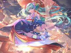  aqua_eyes aqua_hair blush cloud cloudy_sky commentary dutch_angle english_commentary female fish floating_hair floral_print flower furisode goldfish hair_flower hair_ornament hatsune_miku highres holding holding_umbrella japanese_clothes kimono lens_flare light_particles lipstick looking_at_viewer makeup obi oil-paper_umbrella pink_kimono print_kimono qie sash signature sitting_on_torii sky solo sunset torii umbrella vocaloid yukata 