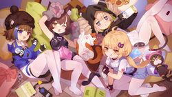  4girls :d :q ;o absurdres animal_hands bare_arms blonde_hair blue_eyes brown_hair chinese_commentary cocoritter_(tower_of_fantasy) commentary_request ene_(tower_of_fantasy) feet feline gloves hat highres legs long_hair looking_at_viewer multiple_girls no_shoes one_eye_closed open_mouth pantyhose paw_gloves pom_pom_(clothes) red_eyes shirli_(tower_of_fantasy) shiro_(tower_of_fantasy) short_hair smile socks soles thighhighs tongue tongue_out tower_of_fantasy tsubasa_tsubasa twintails white_pantyhose yellow_eyes 