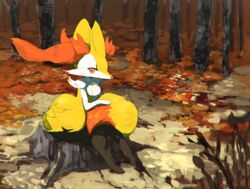  1other animal_ear_fluff animal_nose braixen buntatta closed_mouth commentary_request forest furry leaf looking_at_viewer nature orange_eyes outdoors partial_commentary pokemon pokemon_(creature) sitting solo toes tree tree_stump white_fur yellow_fur 