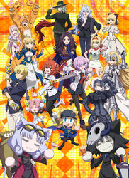  1boy 6+girls absurdres ahoge alcohol armor armored_dress artoria_pendragon_(fate) baseball_cap black_dress black_pantyhose black_skirt blonde_hair blue_eyes boots breasts brown_hair buruma carrot chaldea_uniform confetti corn_dog cosplay cup dress drinking_glass edmond_dantes_(fate) edmond_dantes_(first_ascension)_(fate) fangs fate/grand_carnival fate/grand_order fate_(series) fou_(fate) fujimaru_ritsuka_(female) gauntlets gilgamesh_(caster)_(fate) gilgamesh_(establishment)_(fate) gilgamesh_(fate) glasses green_eyes gym_uniform hair_ornament hair_over_one_eye hair_scrunchie hat highres horns illyasviel_von_einzbern instrument jacket jaguarman_(fate) jeanne_d&#039;arc_(fate) jeanne_d&#039;arc_(third_ascension)_(fate) jeanne_d&#039;arc_alter_(avenger)_(fate) jeanne_d&#039;arc_alter_(fate) key_visual large_breasts light_purple_hair long_sleeves looking_at_viewer looking_back maracas mash_kyrielight mask medium_breasts merlin_(camelot_&amp;_co)_(fate) merlin_(fate) multiple_girls mysterious_neko_v mysterious_neko_w mysterious_neko_x mysterious_neko_y necktie neco_spirit nero_claudius_(fate) nero_claudius_(olympian_bloomers)_(fate) official_alternate_costume official_art open_mouth orange_eyes orange_hair pantyhose pleated_skirt promotional_art purple_eyes red_eyes saber_lily scar scar_on_face scarf scrunchie shinai short_hair side_ponytail single_horn sitonai_(fate) skirt skull_mask small_breasts smile sword tail teeth thighhighs upper_teeth_only weapon white_footwear wine wine_glass yellow_eyes zettai_ryouiki 