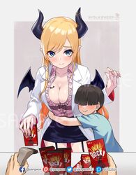  1boy barcode_scanner black_horns blonde_hair blue_eyes blush breast_tattoo breasts chocolate cleavage cleavage_cutout clothing_cutout demon_girl demon_horns demon_wings double_entendre facebook_username female food garter_straps hair_censor hair_over_eyes holding holding_food hololive horn_ornament horn_ribbon horns hug lab_coat large_breasts long_hair patreon_username pocky pointy_ears ribbon single_sidelock swept_bangs tattoo twitter_username virtual_youtuber watermark wing_collar winged_heart wings wolksheep yuzuki_choco yuzuki_choco_(1st_costume) 