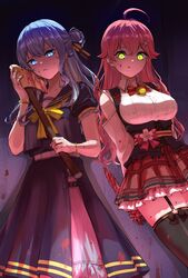  2girls :q ahoge arms_behind_back axe black_thighhighs blood blood_on_axe blood_on_clothes blood_on_face blood_on_hands blood_on_knife blue_eyes blue_hair blue_sailor_collar blue_shirt blue_skirt bow bracelet breasts closed_mouth collared_shirt corset earrings flower frilled_skirt frills garter_straps glowing glowing_eye golden_axe_(weapon) green_eyes hair_between_eyes hair_bun hair_flower hair_ornament hair_ribbon hand_up highres holding holding_axe holding_knife hololive hoshimachi_suisei hoshimachi_suisei_(school_uniform) jewelry knife large_breasts long_hair looking_at_viewer micomet_(hololive) multiple_girls official_alternate_costume parted_lips plaid plaid_skirt red_skirt ribbon sailor_collar sakura_miko sakura_miko_(casual) shirt short_sleeves single_side_bun skirt small_breasts thighhighs tongue tongue_out virtual_youtuber white_shirt yandere yellow_bow yuu201023 