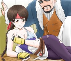  1boy bare_arms bare_shoulders blush bra braid braided_ponytail breasts brown_eyes brown_hair cleavage defeat dougi female fingerless_gloves gloves harukai-i headband highres martial_arts_belt mr_big_(snk) pantyhose ponytail purple_legwear red_headband ryuuko_no_ken spandex the_king_of_fighters torn_clothes torn_pantyhose twirling_hair underwear undressing yuri_sakazaki 