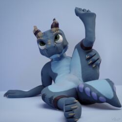  1:1 3d_(artwork) accessory anthro blue_background claws digital_media_(artwork) featureless_crotch feet furgonomics green_eyes grey_claws holding_leg_up horn horn_accessory hornband kobold legband lizard looking_up lying male nude nullvember on_back paws raised_leg reptile scalie simple_background solo spread_legs spreading toren veo 