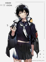  animal_on_shoulder artist_name bird bird_on_shoulder black_hair black_jacket black_shirt black_skirt breasts buttons character_name collar collared_jacket commentary_request ekita_kuro female genderswap_(mtf) grey_background hibari_kyouya hibird highres holding holding_phone holding_weapon jacket jacket_on_shoulders katekyo_hitman_reborn! long_sleeves looking_at_viewer musical_note neckerchief open_clothes open_jacket parted_lips phone pleated_skirt rule_63 sailor_collar school_uniform shirt short_hair simple_background skirt small_breasts solo standing tonfa weapon white_neckerchief 