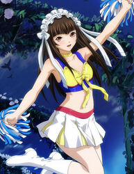  :d bare_arms blunt_bangs boots bow brown_eyes brown_hair cheerleader choker collarbone female flat_chest floating_hair hair_ribbon hairbow ikkitousen jumping knee_boots long_hair looking_at_viewer midriff miniskirt navel open_mouth pleated_skirt pom_pom_(cheerleading) ribbon skirt smile solo stomach ten&#039;i_(ikkitousen) white_bow white_footwear white_ribbon white_skirt yellow_choker 