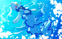  air_bubble blue_eyes blurry bubble buntatta closed_mouth commentary_request cosplay cure_mermaid cure_mermaid_(cosplay) go!_princess_precure highres no_humans pokemon pokemon_(creature) precure primarina smile solo underwater 