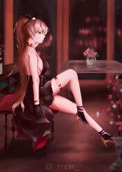  absurdres arm_support azur_lane backless_dress backless_outfit bangle bare_arms bare_shoulders black_dress black_gloves black_skirt bookshelf bracelet breasts brown_hair chair choker commentary_request dress ear_piercing earrings evening_gown female flower formal full_body glass gloves hair_between_eyes hand_up high-waist_sideboob high_heels high_ponytail highres iamnk indoors jean_bart_(azur_lane) jean_bart_(uninhibited_bloodstone)_(azur_lane) jewelry knee_up lips long_hair medium_breasts night official_alternate_costume piercing ponytail purple_eyes sideboob sidelocks sitting skindentation skirt sleeveless sleeveless_dress solo table thighlet thighs twitter_username two-tone_footwear 