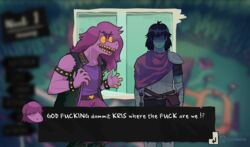  2021 angry anthro armband armor axoooo bracelet claws clothed clothing deltarune dialogue dinosaur duo english_text extinct female hair human humor jewelry kris_(deltarune) kris_where_are_we male mammal meme monster_prom obscured_eyes parody prehistoric_species profanity purple_hair reptile scalie screencap screencap_background sharp_teeth signature spiked_armband spiked_bracelet spikes susie_(deltarune) teeth text text_box undertale_(series) 