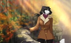  2019 anthro autumn black_hair black_nose border_collie canid canine canis chloe_(abananaman) closed_eyes clothed clothing coat collie day dipstick_tail domestic_dog female firetally floppy_ears hair herding_dog hi_res long_hair mammal markings multicolored_tail outside pastoral_dog sheepdog smile solo standing tail tail_markings topwear 