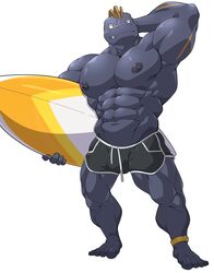  clothing hi_res humanoid looking_at_viewer machoke maldu male muscular muscular_male nintendo nipple_piercing nipples piercing pok&eacute;mon_(species) pokemon solo surfboard swimwear video_games yellow_eyes 