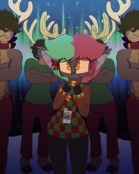  4:5 absurd_res amira_(tdfoxoo) anthro aurora_(phenomenon) bat bell christmas clothing collar costume deer excited eyewear fangs female glasses group hi_res holidays horn male mammal new_world_deer reindeer size_difference smaller_female sweater tdfoxoo teeth topwear 