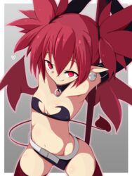  belt black_gloves black_skirt black_thighhighs demon_girl demon_tail demon_wings disgaea earrings elbow_gloves etna_(disgaea) female flat_chest gloves hair_between_eyes highres jewelry kawa_mura looking_at_viewer makai_senki_disgaea miniskirt pointy_ears red_eyes red_hair short_hair skirt skull skull_earrings solo tail thighhighs wings 